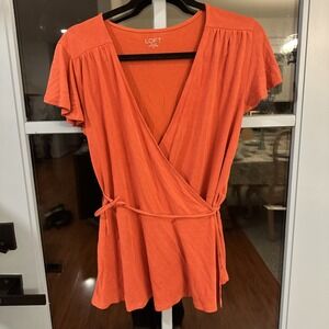 Loft Wrap Top Blouse Women's Size Small S Modal Ruffle Flutter Sleeve Orange